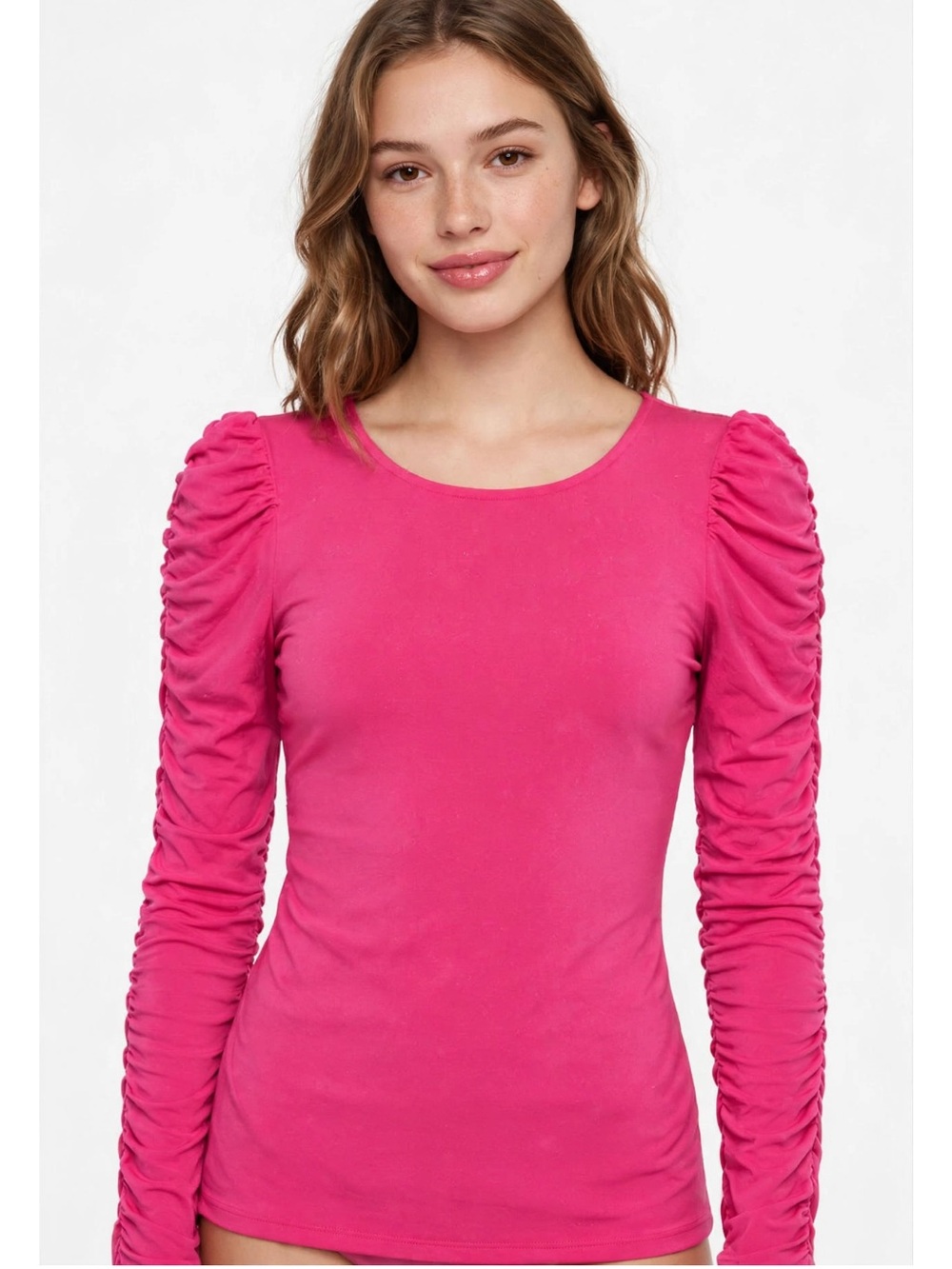 CeCe Hot Pink Ruched-Sleeve Long Sleeve Top